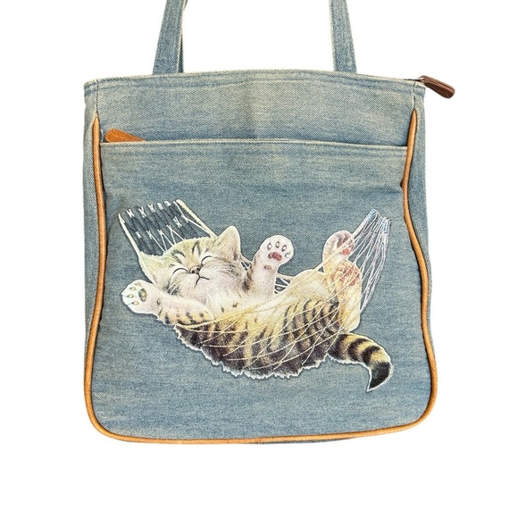 Vintage Denim Cat Tote Bag with some sparkles Great condition - Picture 1 of 10